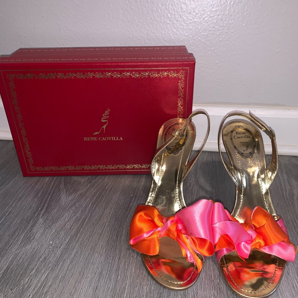 Rene Caovilla Gold and Pink Sandals with Floral Detail - Picture 1 of 3